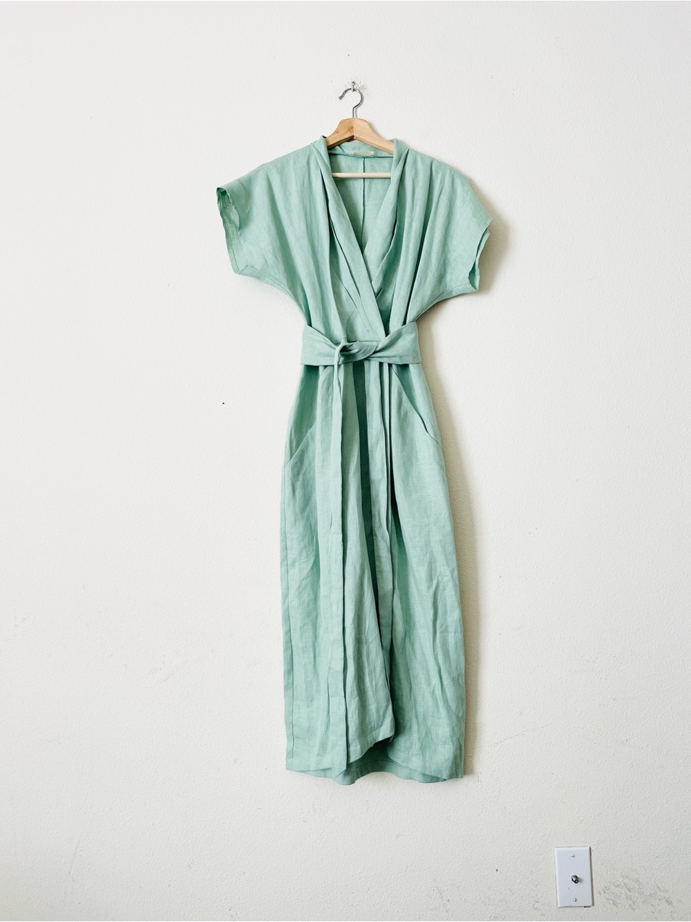 Linenfairytales SMALL 100% linen mint green kimono style belted midi dress - Picture 3 of 7